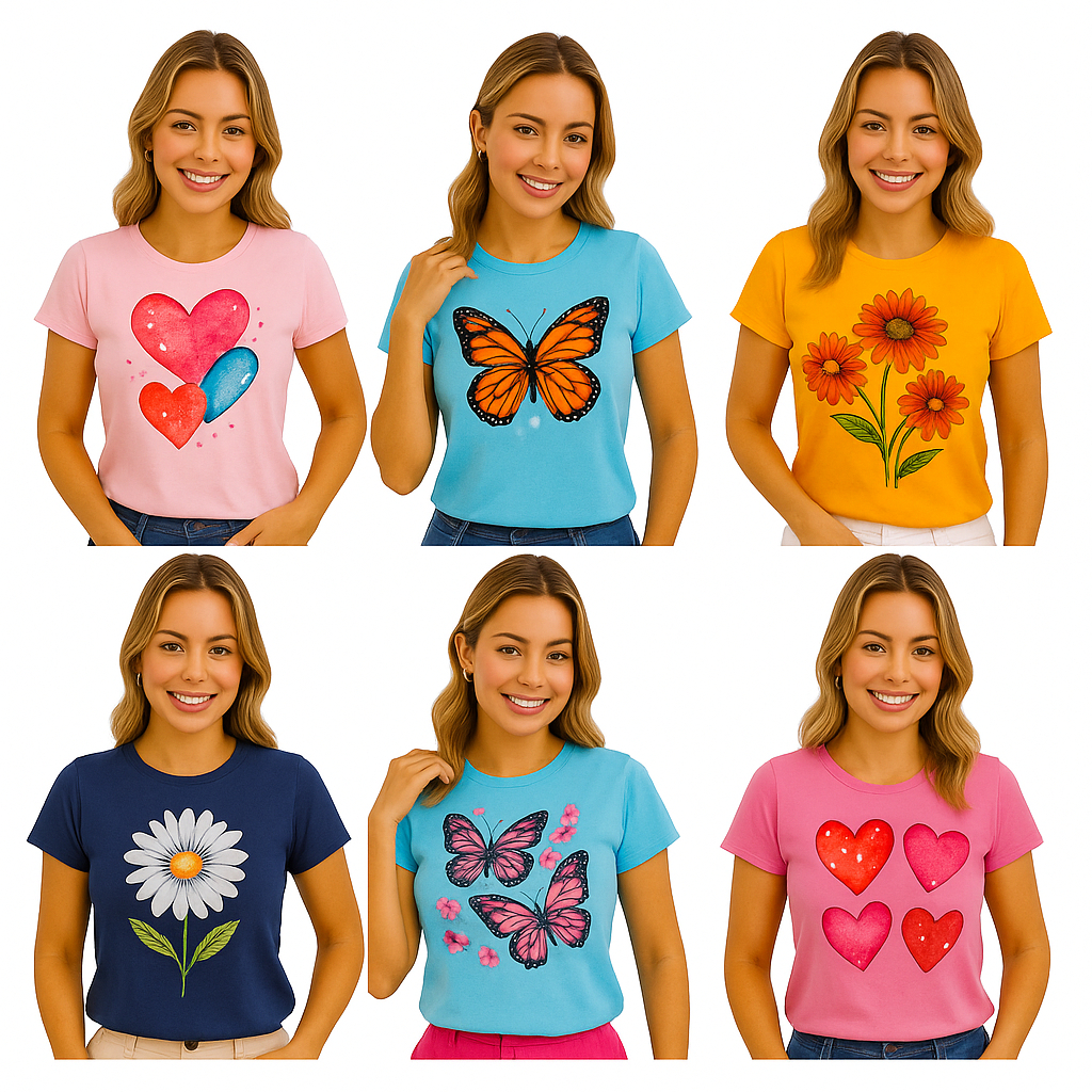 Kit Sortido 1 ou 2 Blusa Feminina T-shirt Feminina Camiseta Feminina Manga Curta estampas Sortidas