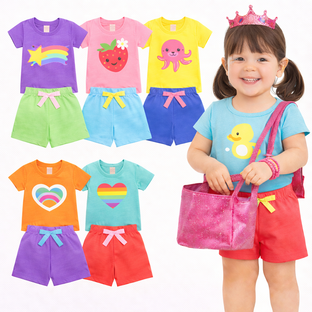 Kit Sortido 2 ou 4 Peças de Roupas Infantil Menina Conjuntos de Bebê Infantil Camiseta Manga Curta e Shorts Sortidos