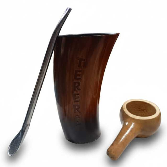 Kit Tereré Premium: Copo de Chifre + Bomba Inox + Dosador de Erva em Porongo