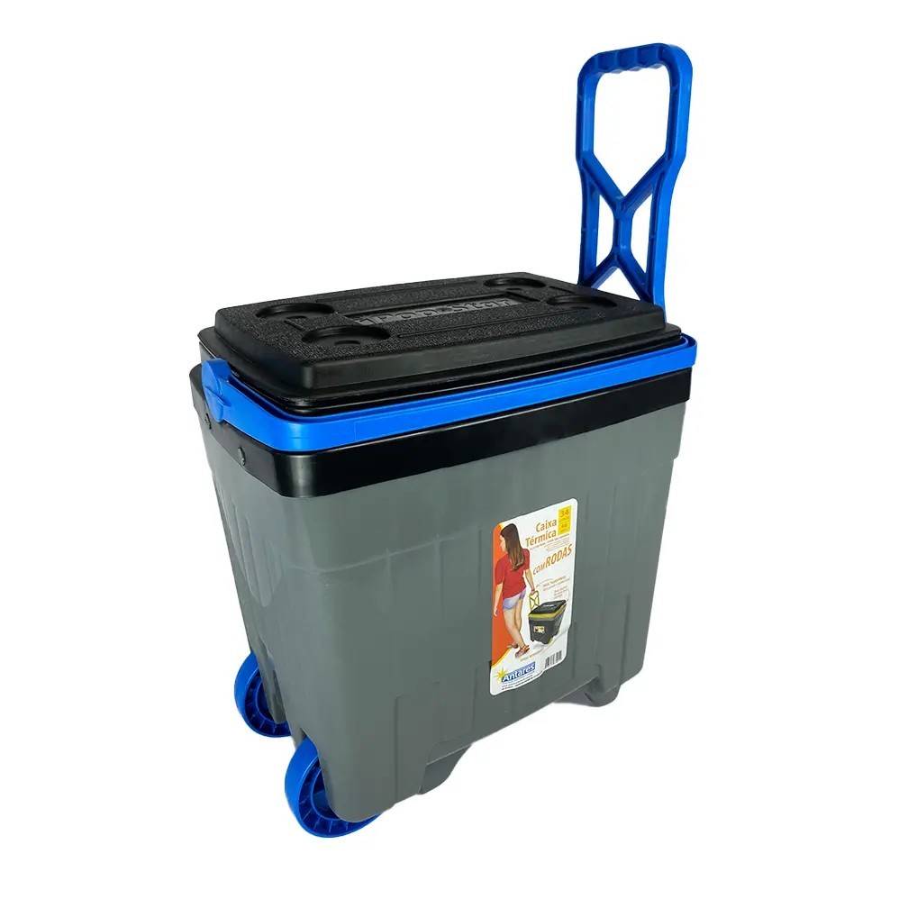 Cooler Caixa Térmica 34 Litros Com Rodas Alça e Puxador Para Praia Pesca Camping cor Cinza e Azul - Antares