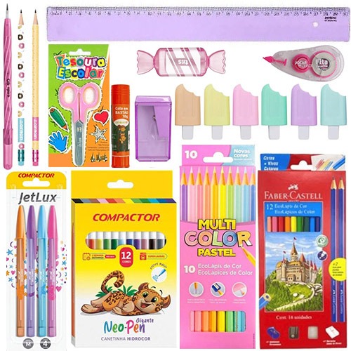 Kit 57 Peças Escolar Infantil Juvenil Lapis De Cor Pastel Faber Castell Staedtler Caneta Cola Femini em Oferta na Shopee