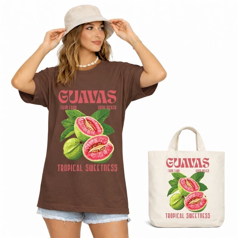 Kit Camiseta Oversized Feminina + Ecobag Estampada Tropical Guavas Algodão Premium Estilo Farm Verão Streetwear