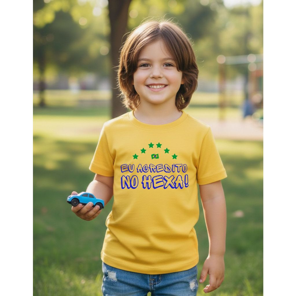 Camiseta Brasil Eu Acredito No Hexa Copa do Mundo 2026 Futebol Campeão 100% Algodão Unissex Infantil Adulto Plus Size