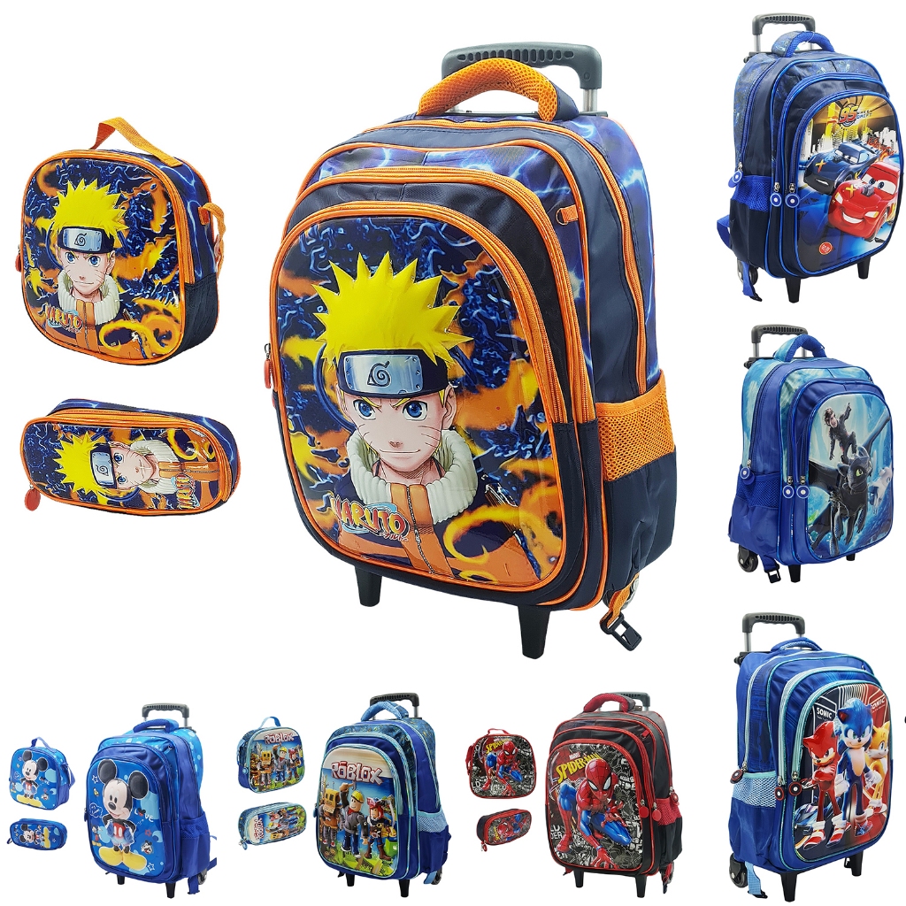 Mochila Escolar Infantil Kit Com Lancheira E Estojo Menino Impermeável de Carrinho C/ Rodinhas em Oferta na Shopee