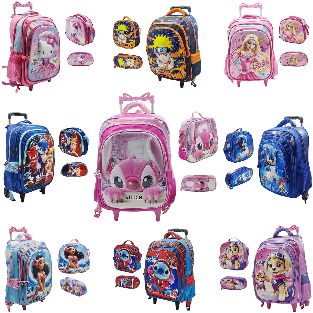 Mochila Escolar Infantil Kit Com Lancheira E Estojo Menino e Menina Impermeável de Carrinho C/ Rodinhas