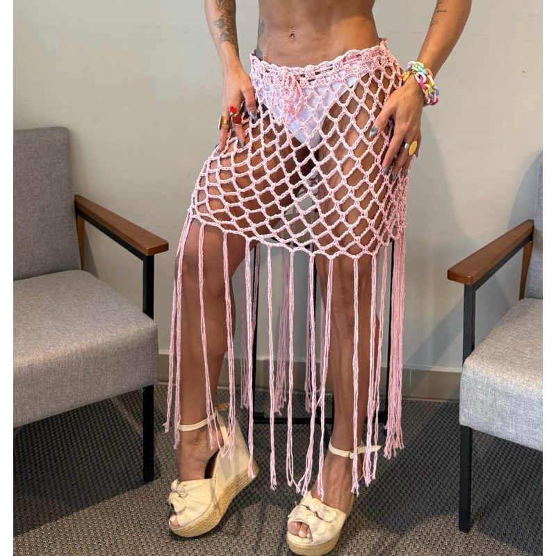 Saia  de Crochê feminina com franja Saída de praia/ resort moda praia artesanal em Oferta na Shopee