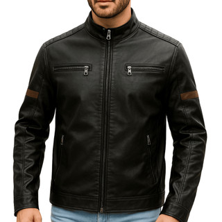 Jaqueta Masculina Preta Sintética Slim Fit com Zíper Frontal Bolsos Funcionais Estilo Casual Urbano