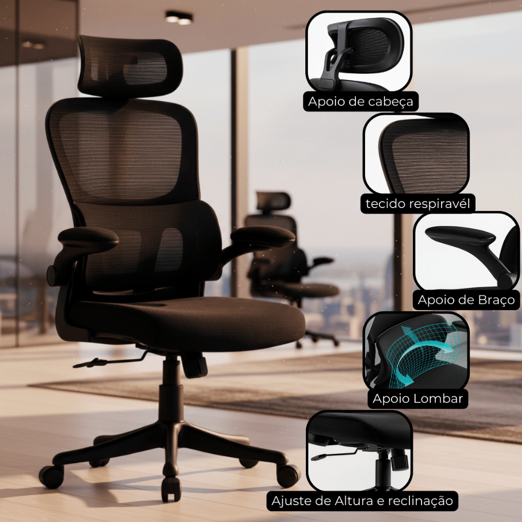 Cadeira Escritorio Ergonomica Giratoria Apoio Lombar e Encosto de Cabeça Estofado Mesh