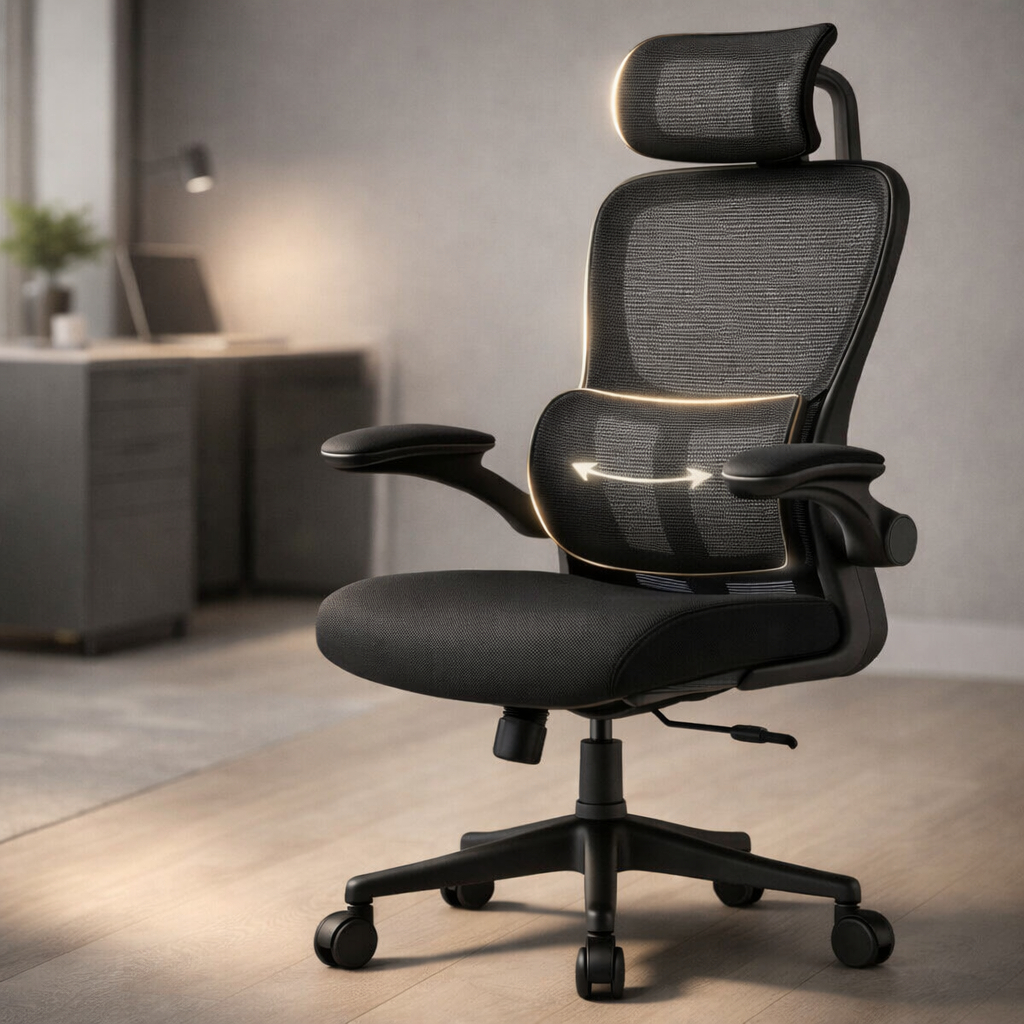 Cadeira Escritorio Ergonomica Giratoria Apoio Lombar e Encosto de Cabeça Estofado Mesh