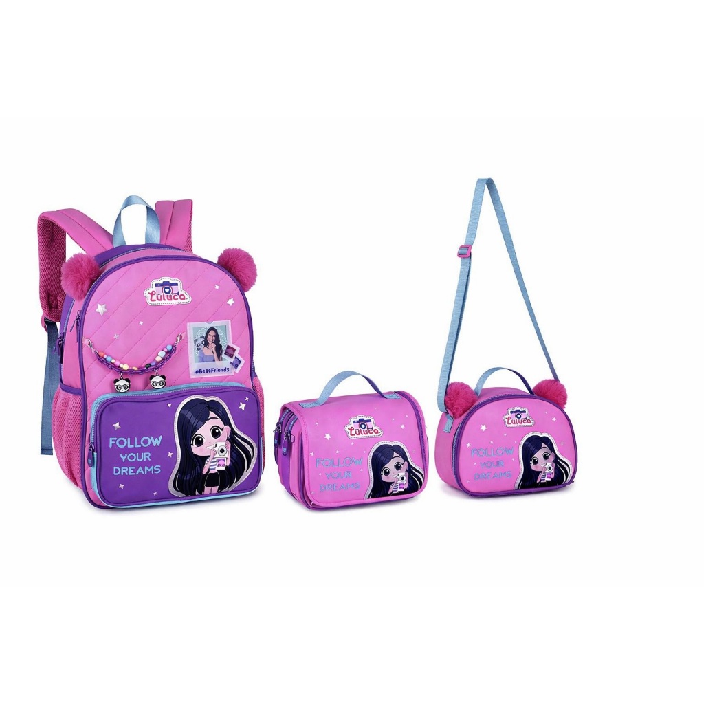 Kit 3 Mochila Luluca De Costas Acolchoada Espaçosa Escolar Casual Meninas Com Lancheira e Estojo