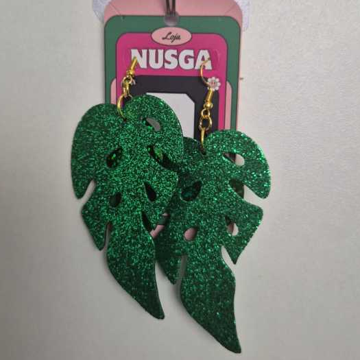 Brinco Costela de Adão Glitter - Folha de Monstera, Brinco de EVA glitter
