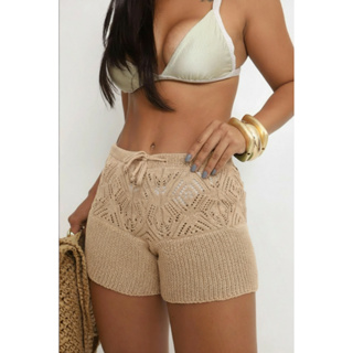 Short Saída de Praia Shortinho Tricot Crochê Cós alto Moda Praia Godê Fang e rendado em Oferta na Shopee