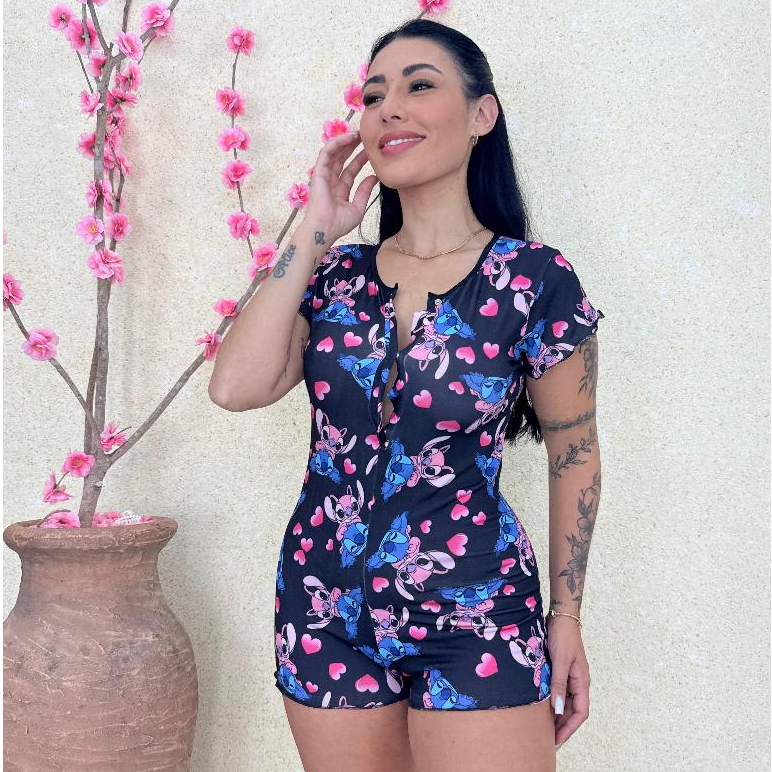Pijama Macaquinho Com Botão Suede Moda Lingerie Conforto Para Dormir Feminina Estampado Personagem em Oferta na Shopee