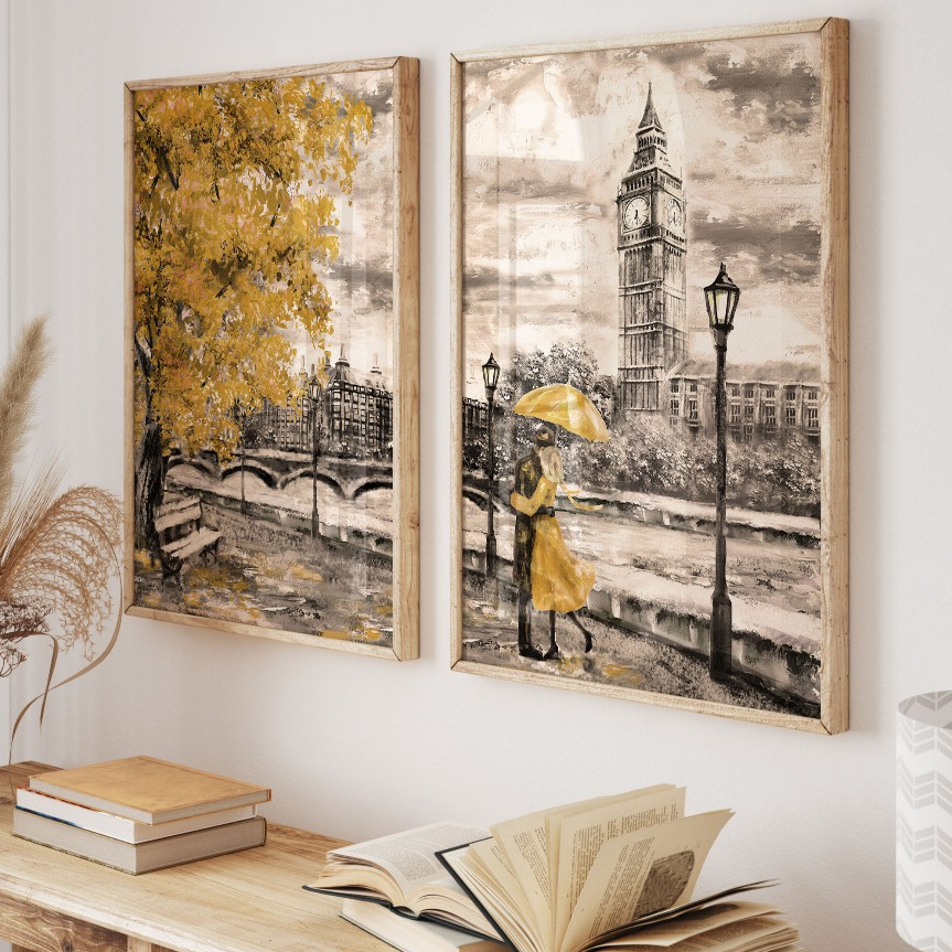 Kit 2 Quadros Decorativos com Moldura Sala Quarto Abstrato Pintura de Londres Torre Big Ben Vidro