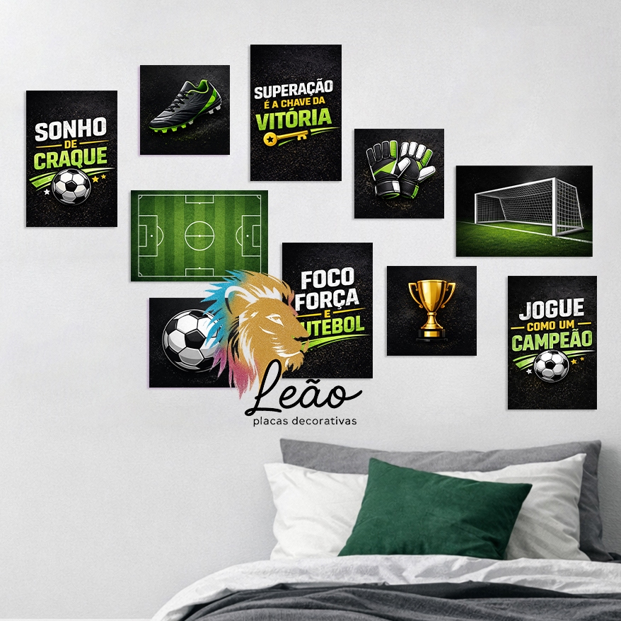Kit 10 Placas Decorativas - quadros decoração quarto infantil adolecente - Futebol bola trofél luva goleiro- frases supe