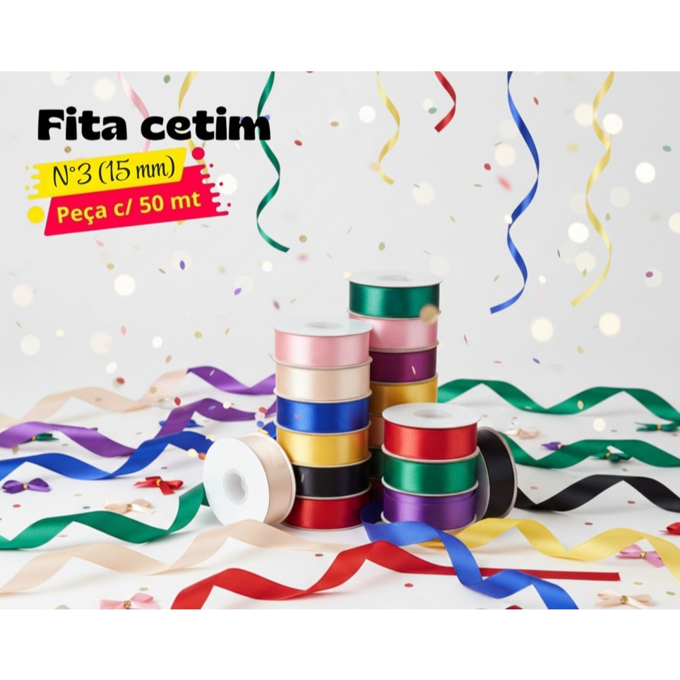Fita de Cetim Lisa Nº3 15mm - Rolo com 50 metros 100% em Poliéster para Laços, Artesanato, Presentes – Diversas Cores em Oferta na Shopee