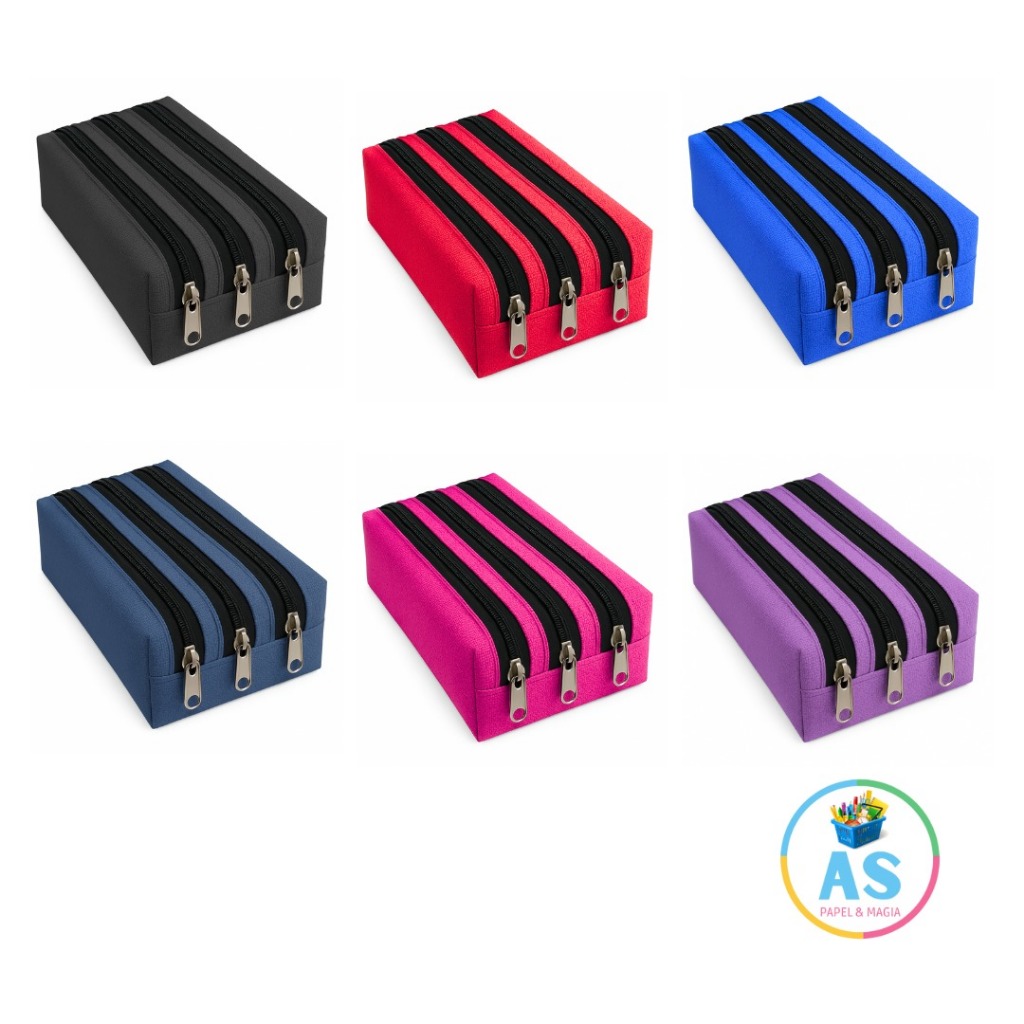 Estojo Escolar Triplo Azul, Vermelho, Rosa, Lilas e Preto - Masculino/Feminino em Oferta na Shopee