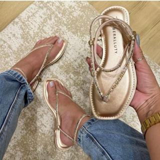 Sandália Feminina Rasteira Confortável Com Brilho De Strass - 34 ao 39 em Oferta na Shopee