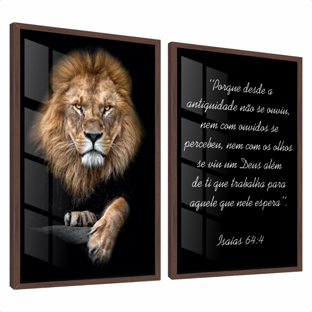 Kit 2 Quadros Decorativos com Moldura Quarto Sala Decoração Leão de Judá Isaías Religião Vidro