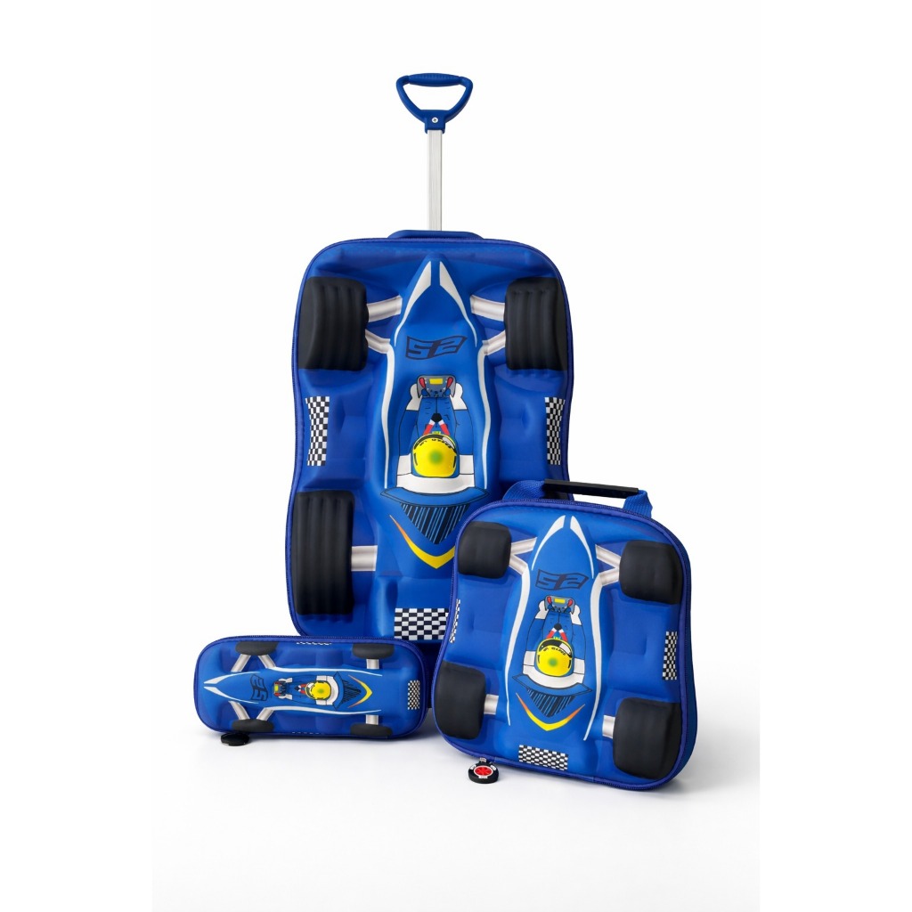Kit 3Peças Mochila Infantil Minino F1 3D em EVA com Carrinho Lancheira e Estojo Lançamento