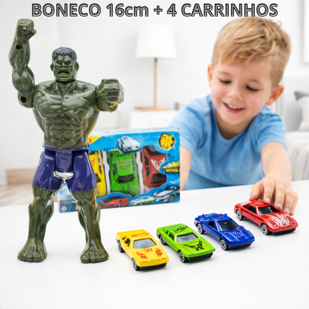 Kit Boneco Articulado 16cm + 4 Carrinhos Corridas e Aventuras para Crianças Presente Para Meninos