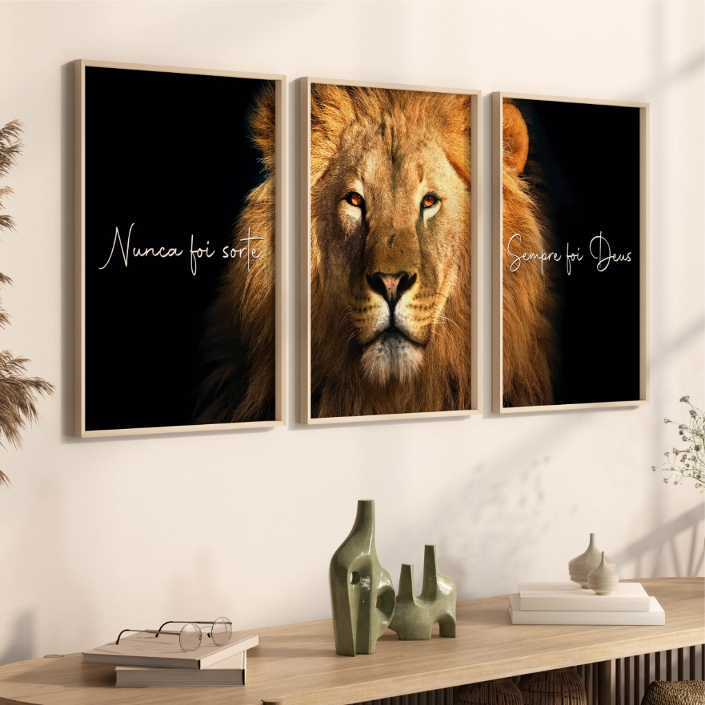 Kit 3 Quadros Decorativos com Moldura Sala Quarto Escritório Grande Leão Nunca Foi Sorte Sempre Deus