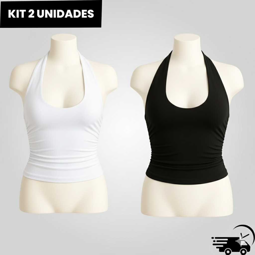 Kit 2 Cropped Feminino Frente Única Costa Nua Franzido Justo Fashion