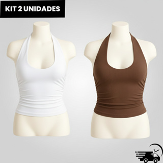 Kit com 2 Cropped Feminino Costa Nua Frente Única Franzido Ajustado ao Corpo em Oferta na Shopee