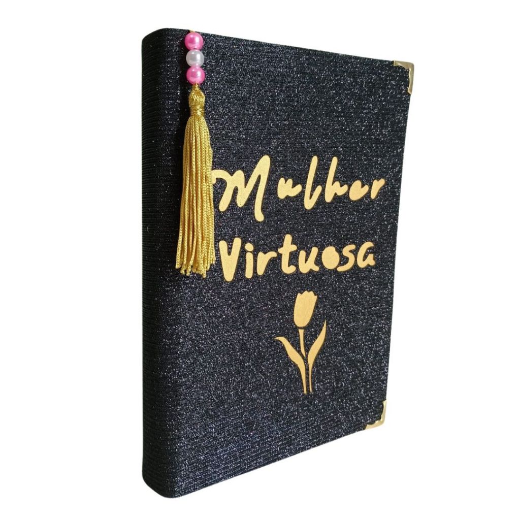 Bíblia Feminina Glitter com Escrita Mulher Virtuosa com Harpa + Capa Plástica