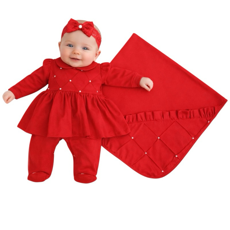 Saida De Maternidade Para Bebê Menina Vermelha Delicada Luxuosa Antonella 100% Algodão - 04 peças
