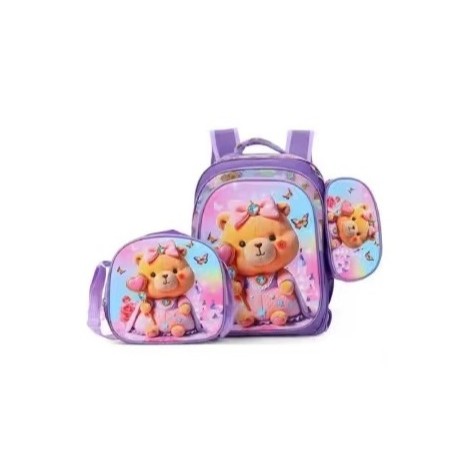 Kit Mochila Escolar Infantil 3 em 1 com Lancheira e Estojo Estampa 5D Colorida Sem Rodinhas Ref 009