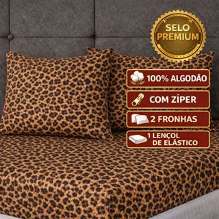 kit Lençol malha queen box casal 100% algodão com fronha oncinha - 3 peças em Oferta na Shopee