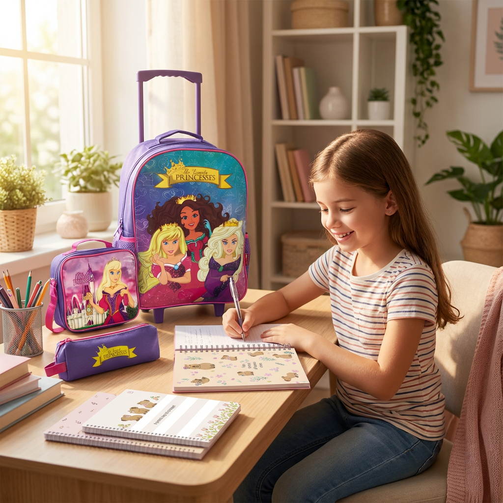 Kit Escolar Infantil Completo Princesas Mochila Lancheira Estojo 5 Cadernos Material Escolar Menina