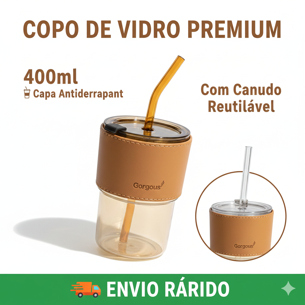 Copo De Vidro Coldre de couro Com Canudo Tampa Vedante P/ Bebida Quente ou Fria 400ML envio rapido