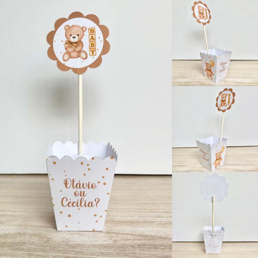 Centro de Mesa Chá Revelação Neutro Ursinhos Cachepot Personalizado | Festa Infantil - PEGUE E MONTE