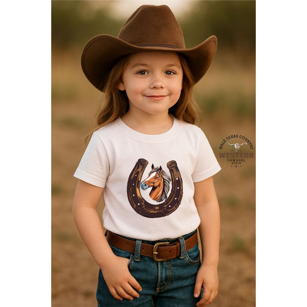 Camiseta Infantil Moda Cowgirl Estampada Cavalo Ferradura Unissex 100% Algodão