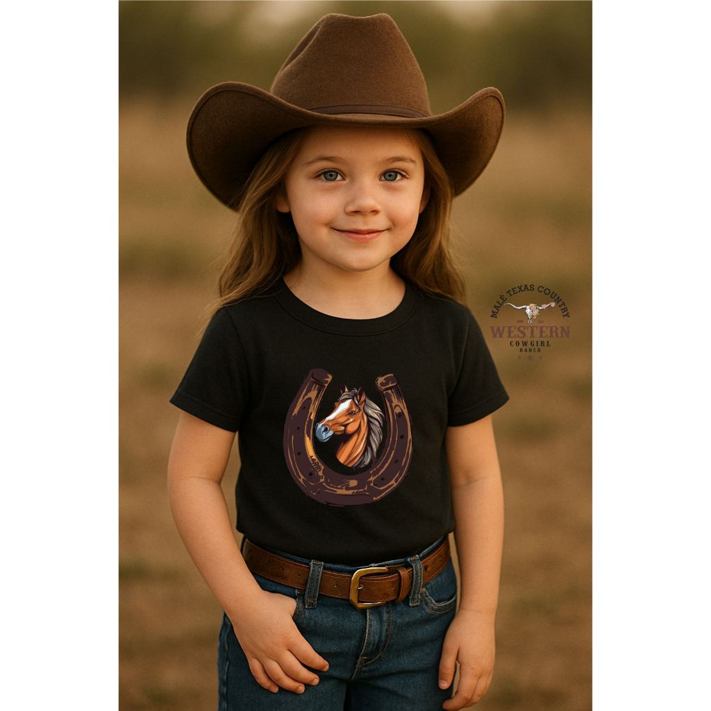 Detalhes do Camiseta Infantil Moda Cowgirl Estampada Cavalo Ferradura Unissex 100% Algodão
