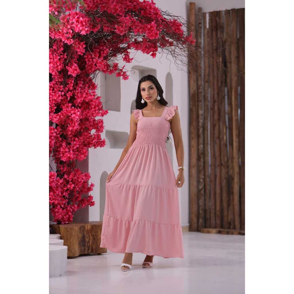 Vestido Longo Feminino Duna com Lastex e Babado nas Alças – Tamanho Único 38-42 Rosa Bebê | PROMO ESPECIAL 😍✨ em Oferta na Shopee