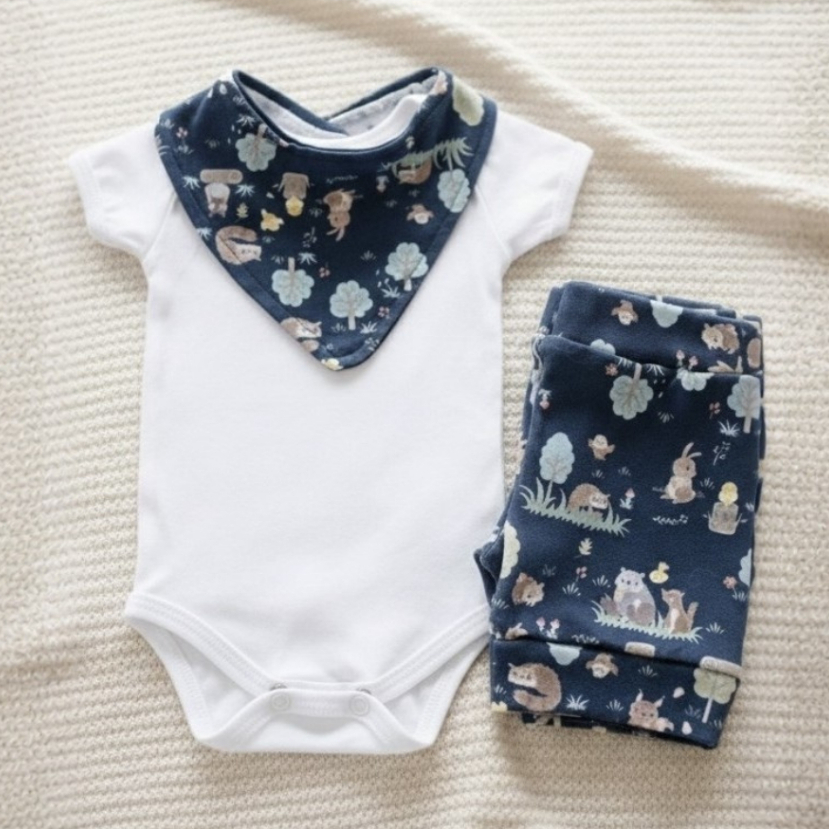 Kit 3 Peças Conjunto Estampado Bebê Babador Body Shorts Algodão Antialérgico Menino Menina
