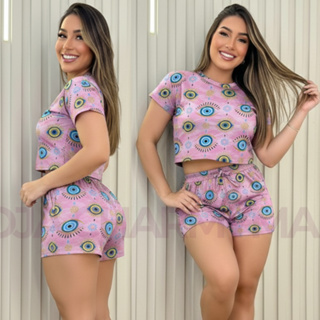 Conjunto Feminino Cropped e Short Estampado em Malha Crepe Verão Moda Casual em Oferta na Shopee