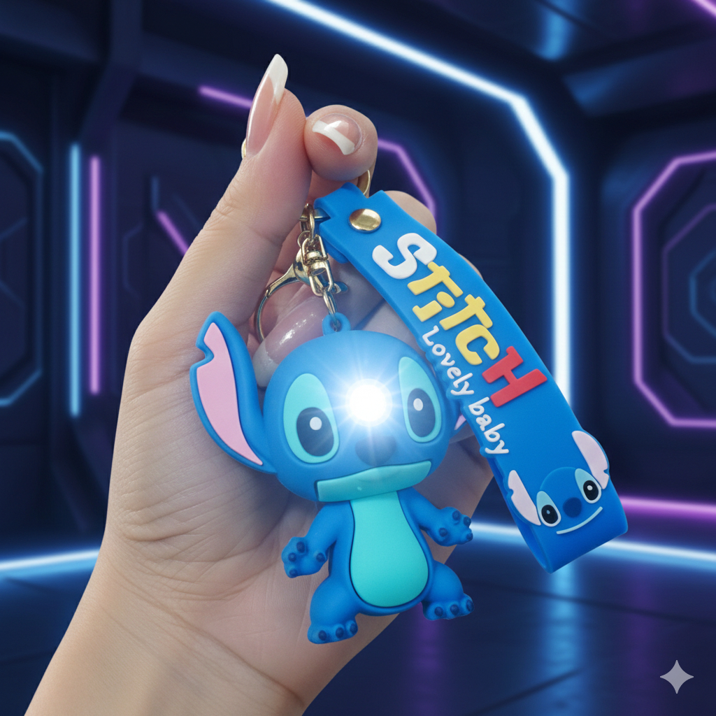Chaveiro Lilo Stitch com Luz LED e Projetor Brilha Acende no Escuro Chaveiro Versão Carro Bolsa Mochila