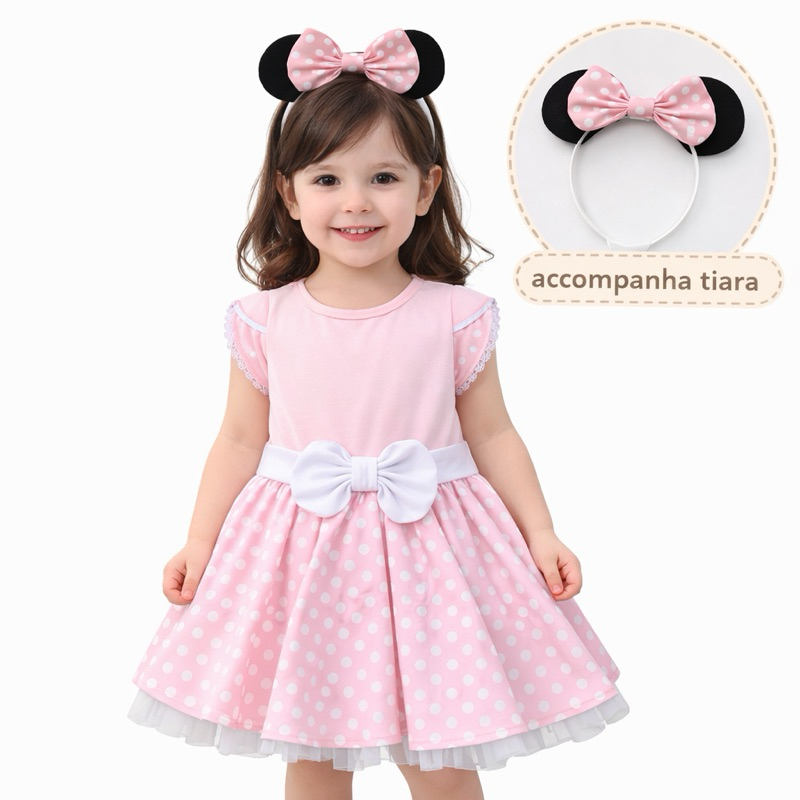 fantasia Minie rosa tamanho 1 ano com tiara grátis bebê vestido minnie para menina de algodão