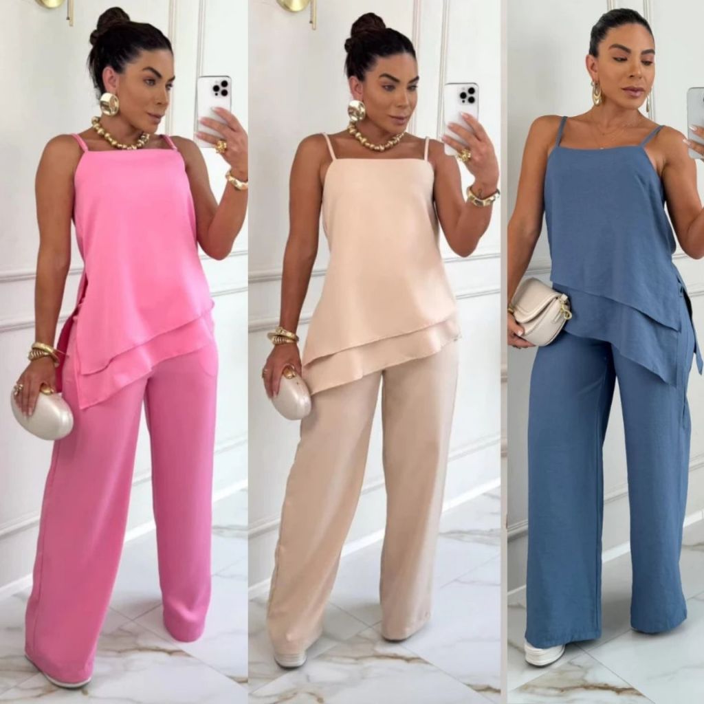 Conjunto Femenino Social Lú  Blusa Caimento Assimetrico e Calça Pantalona Tecido Amarrante em Oferta na Shopee