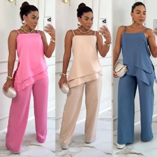 Conjunto Femenino Social Lú  Blusa Caimento Assimetrico e Calça Pantalona Tecido Amarrante em Oferta na Shopee