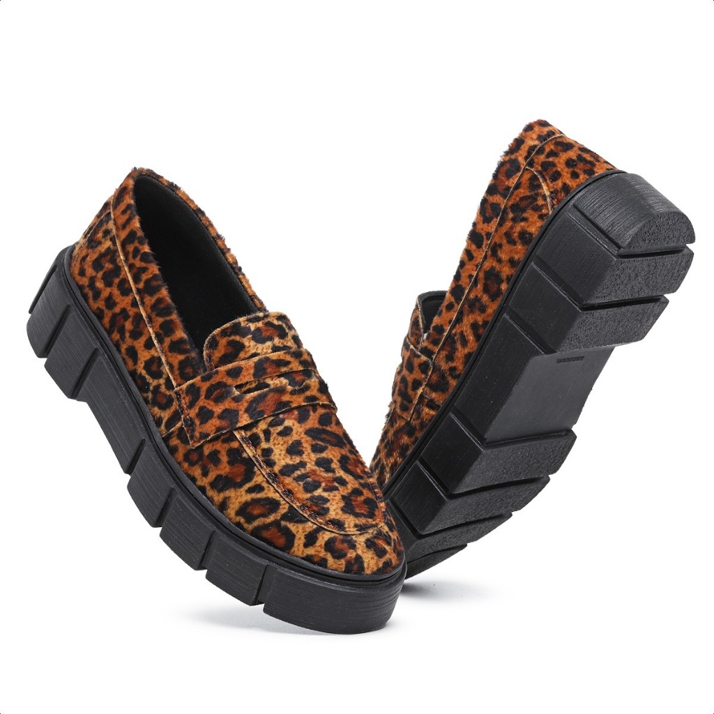 Mocassim Feminino Confortável antiderrapante Casual Com estampa onça e numerações extras 33 ao 42