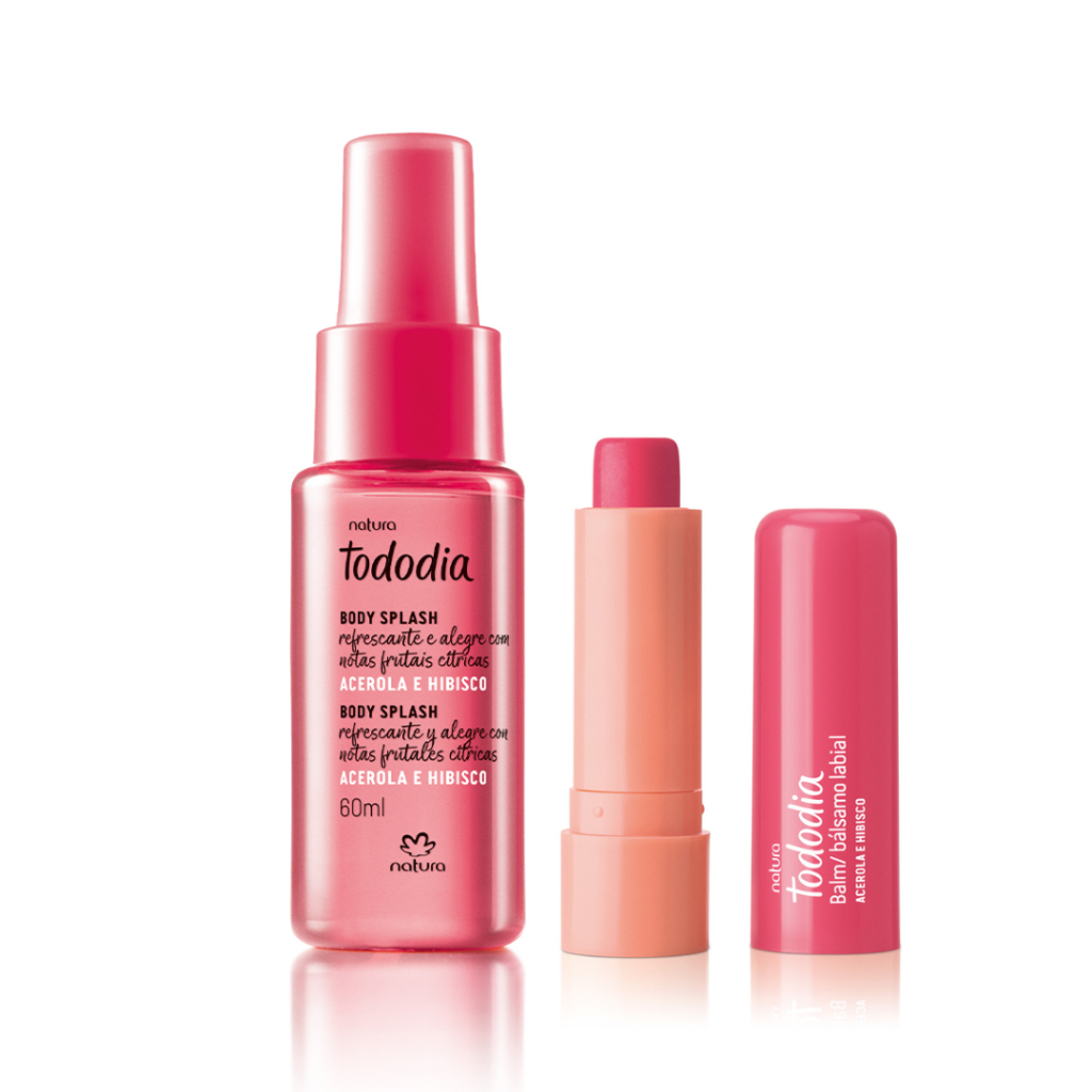 Kit Body Splash Acerola e Hibisco Miniatura - Desodorante Colônia Tododia - Balm Labial Tododia