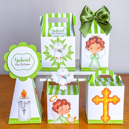 KIT CAIXINHAS PERSONALIZADAS  Batizado Anjinho Verde Lembrancinhas - Caixinha Personalizadas