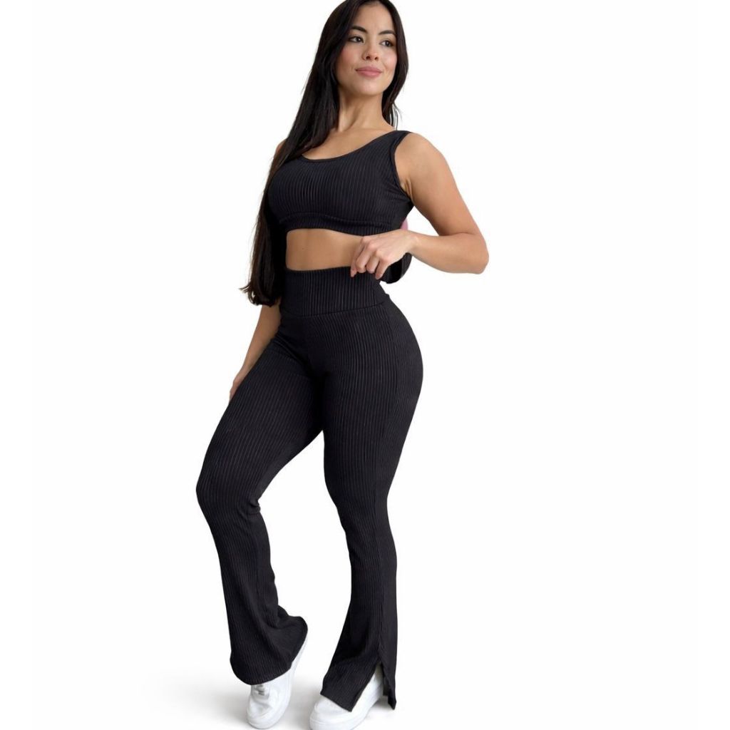 Conjunto fitness bailarina legging FLARE cintura alta e top regatinha canelado 3D versátil em Oferta na Shopee
