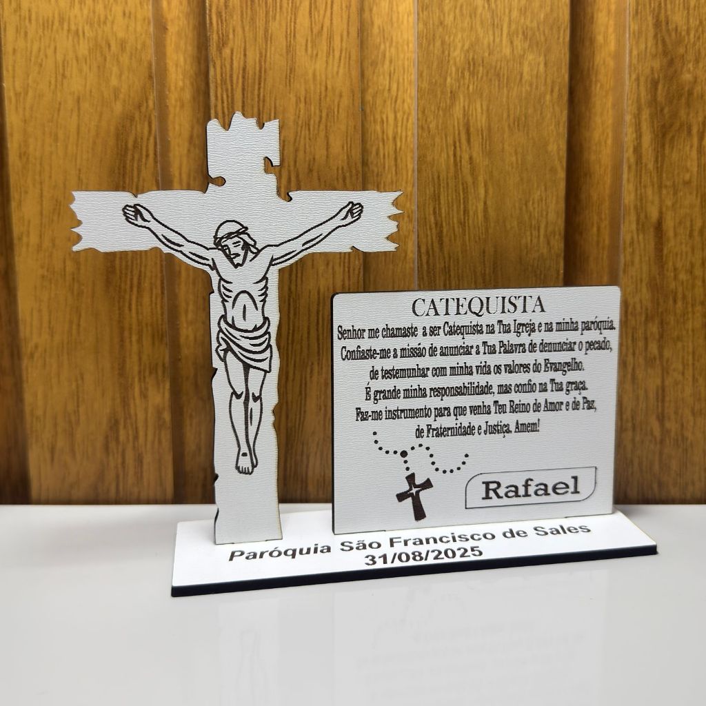 Kit Lembrança Catequista em MDF Personalizada | Presente Religioso Igreja Católica | Cruz com Oração Personalizado MDF