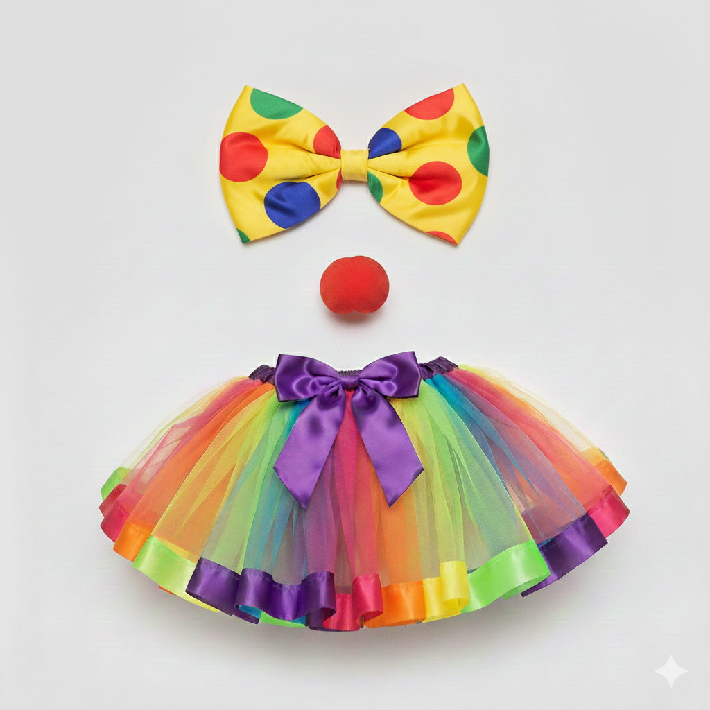 Kit Fantasia Palhaça Saia Tule Colorida  Gravata Palhaço  Nariz Fantasia Completa Feminina